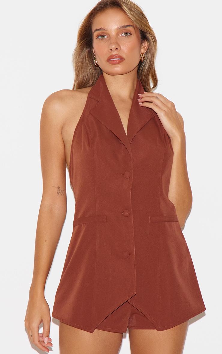 Chocolate Woven Plunge Vest Skort Romper Product Image