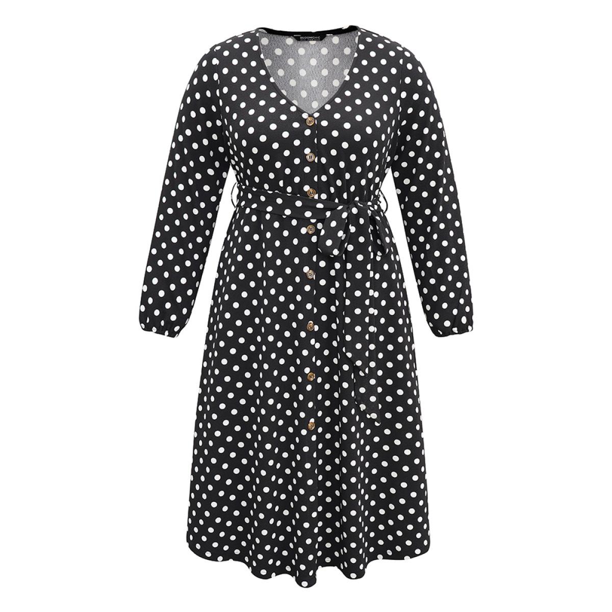Plus Size Polka Dot Lantern Sleeve Belted Button Detail Dress Black Women Office Elastic cuffs V-neck Long Sleeve Curvy Midi Dress BloomChic 28/5X Product Image