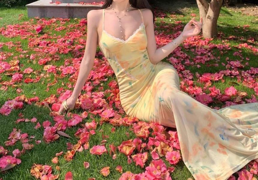 Spaghetti Strap V-Neck Floral Print Maxi Dress Product Image