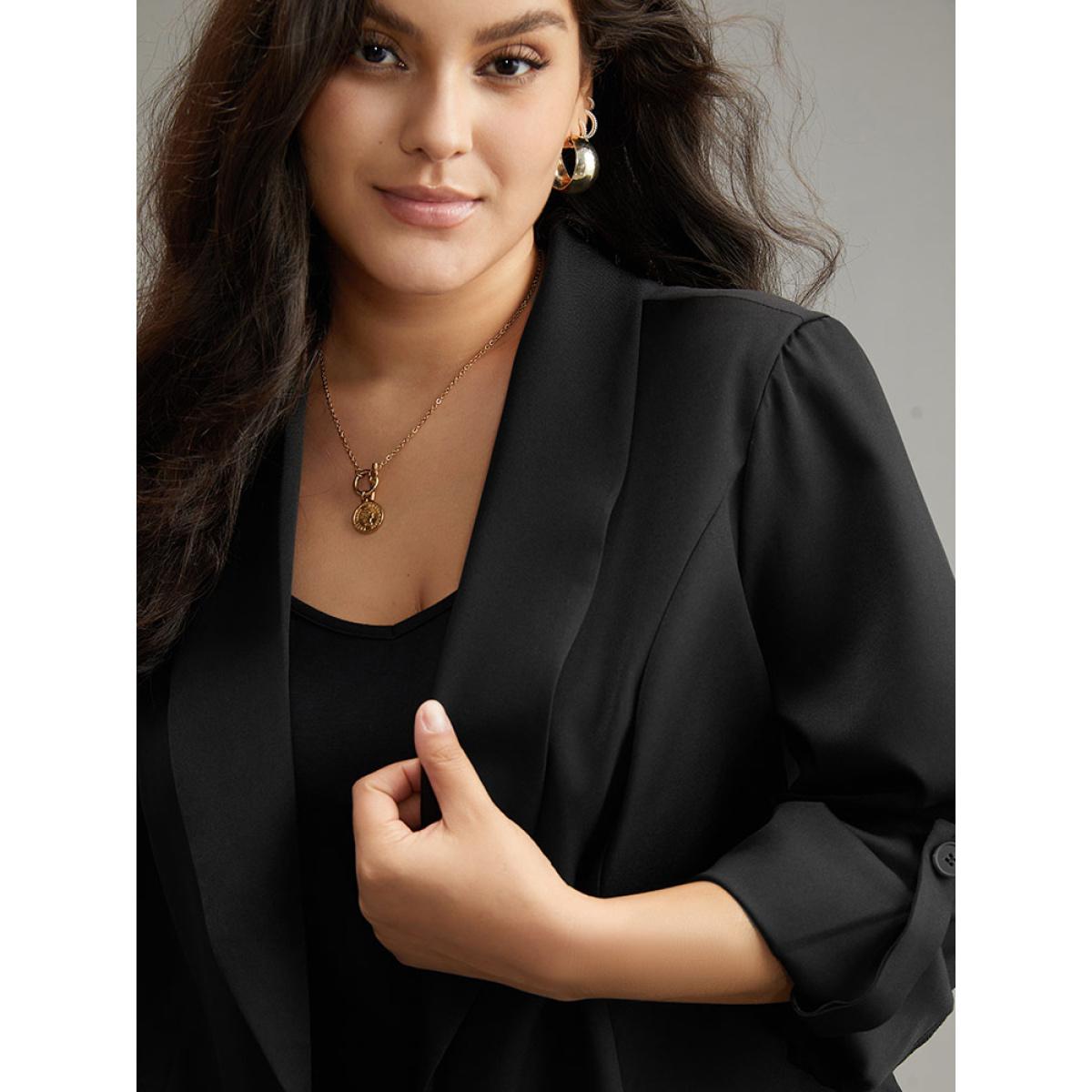 Plus Size Plain Roll Tab Sleeve Lapel Collar Blazer Black Women Dailywear Plain Plain Sleeve Long Sleeve Lapel Collar 14-16/1X Casual Blazers BloomChic Product Image
