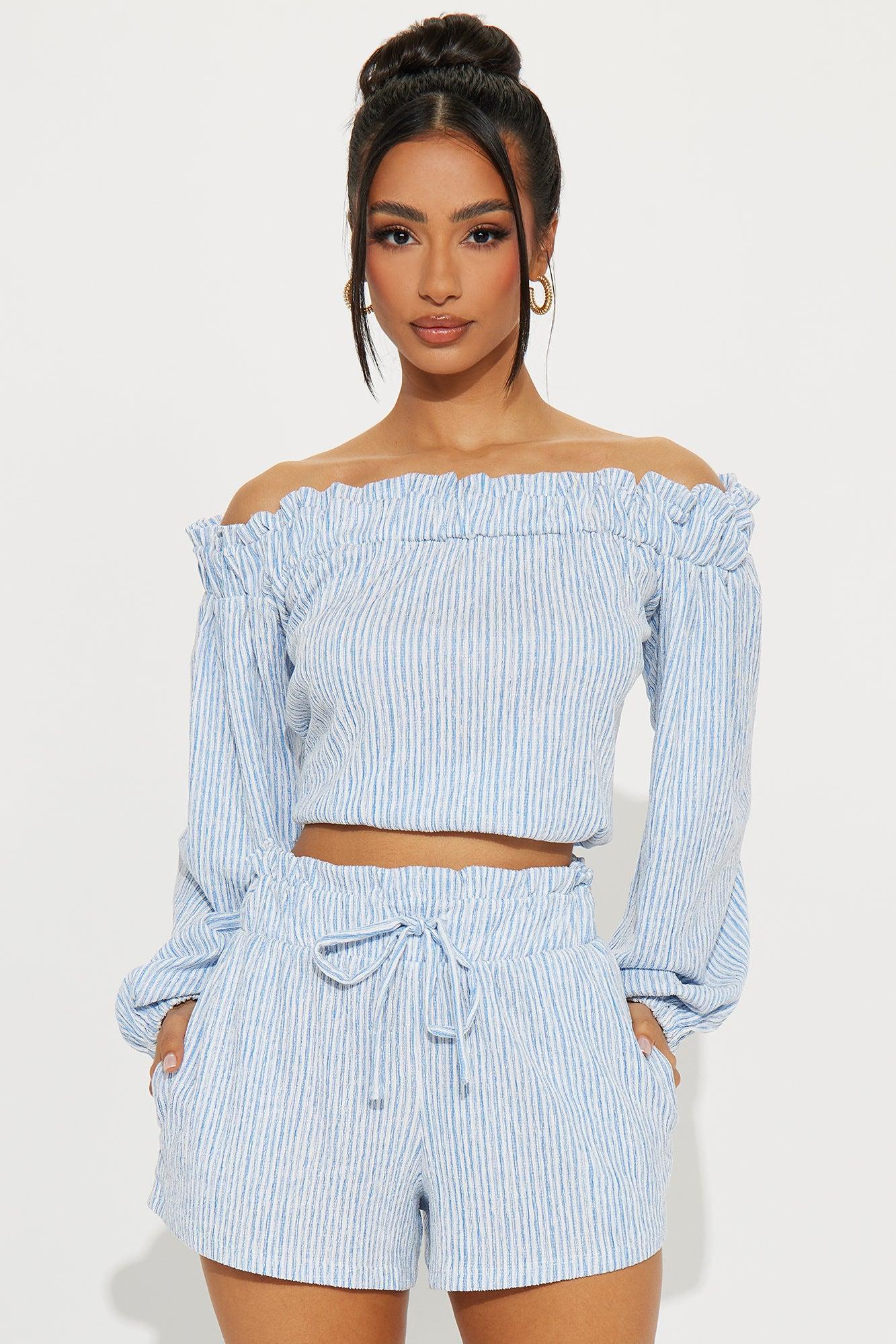 Still Here Striped Short Set - Blue Product Image