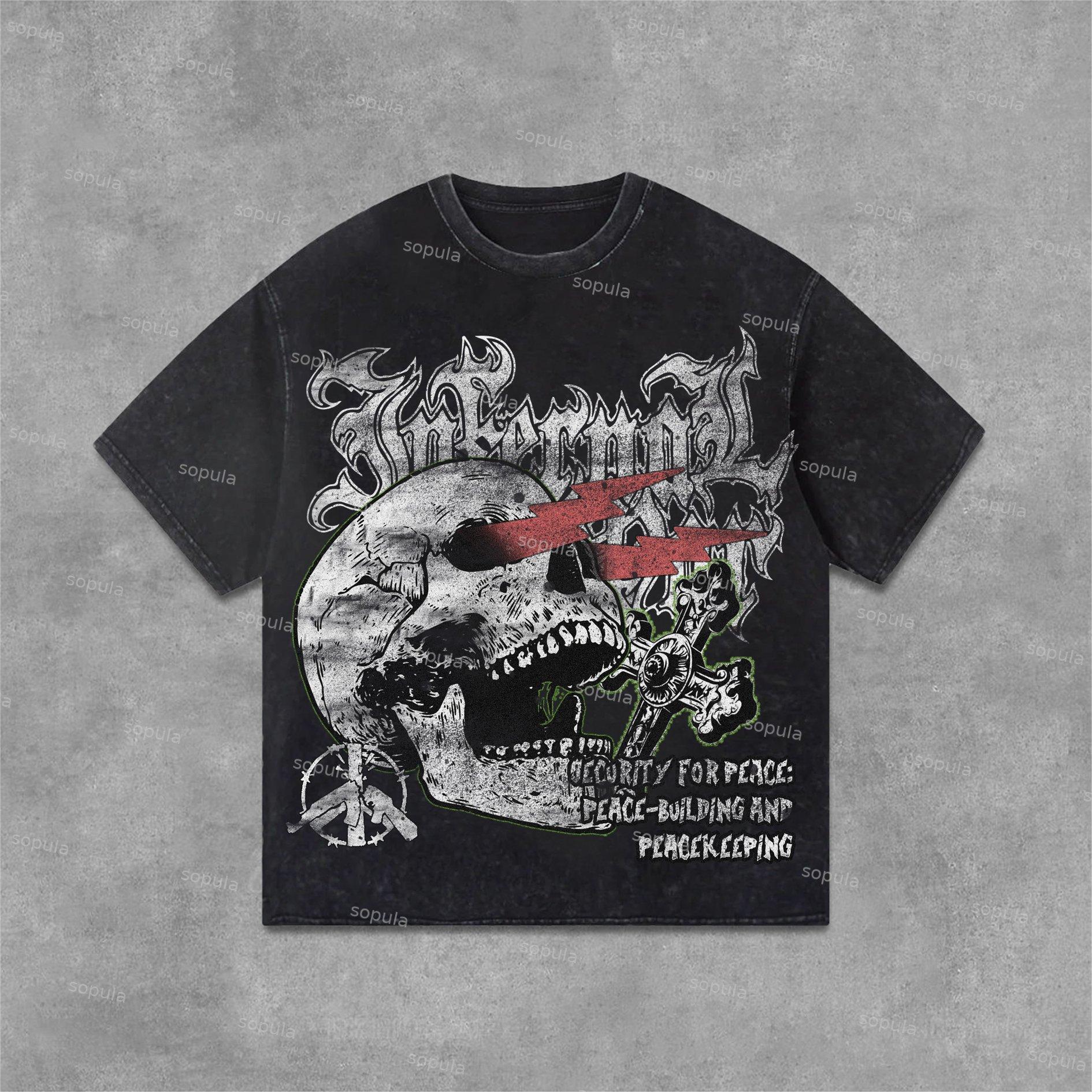 Sopula World Pacifist Anti-War Skull Print Graphics Washed T-Shirt Product Image
