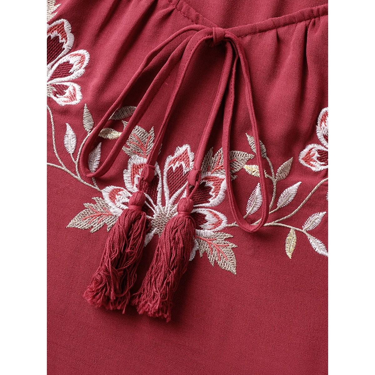 Plus Size Floral Embroidery Solid Tiered Midi Dress Russet Women Square Neck Short sleeve Curvy BloomChic 22-24/3X Product Image