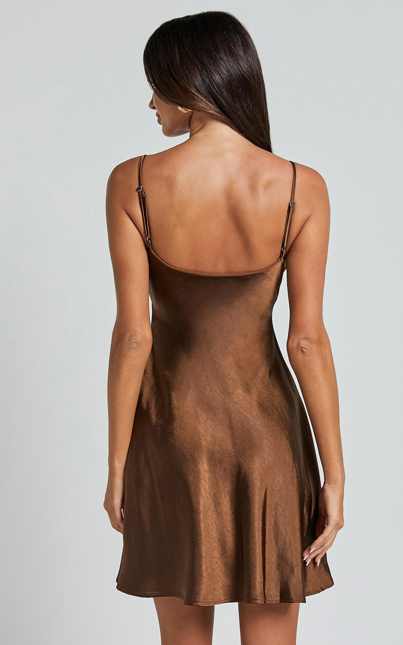 Chanaye Mini Dress - Ruched Bust Satin Cami Dress in Chocolate Product Image