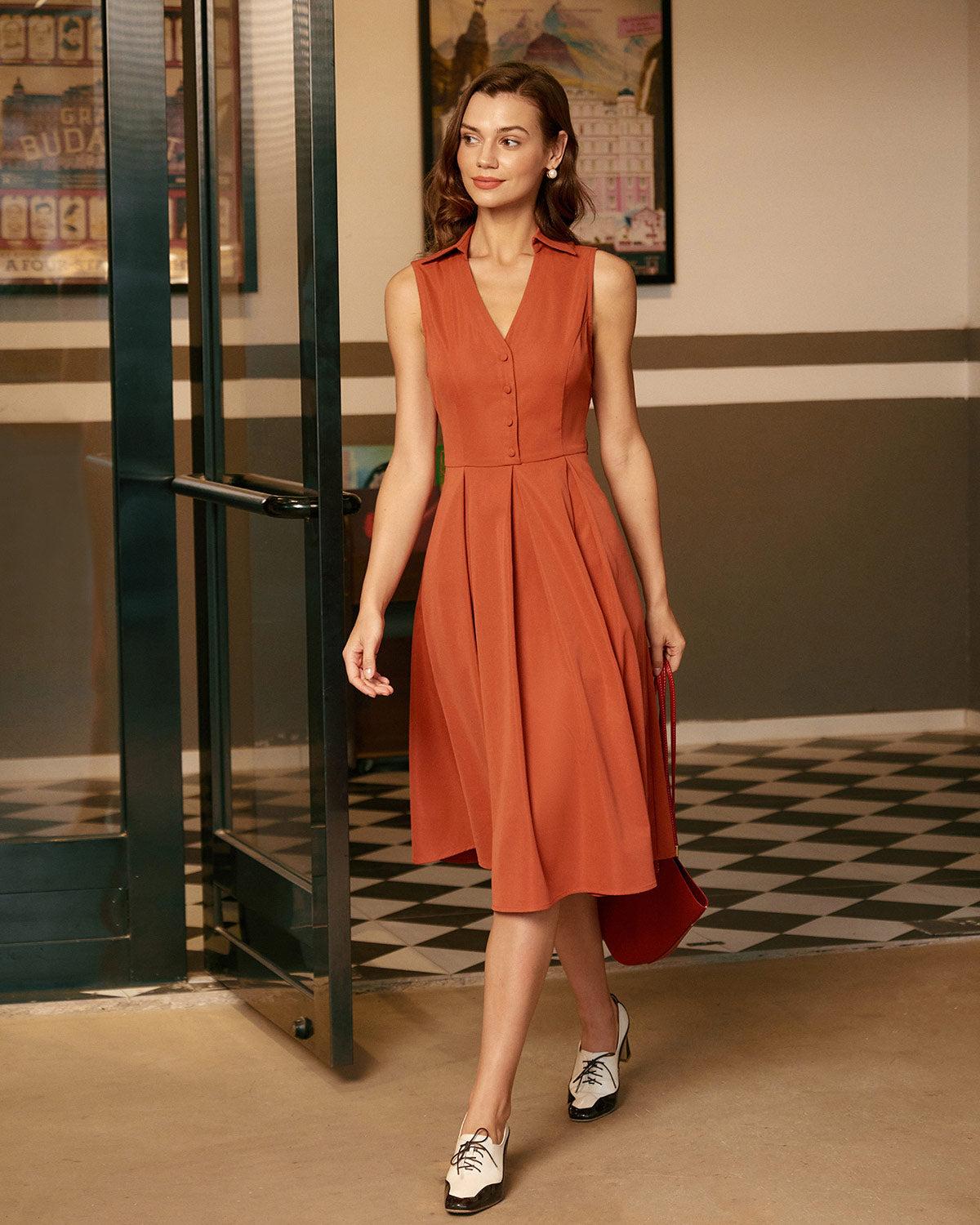 Red Button Sleeveless Midi Dress Product Image