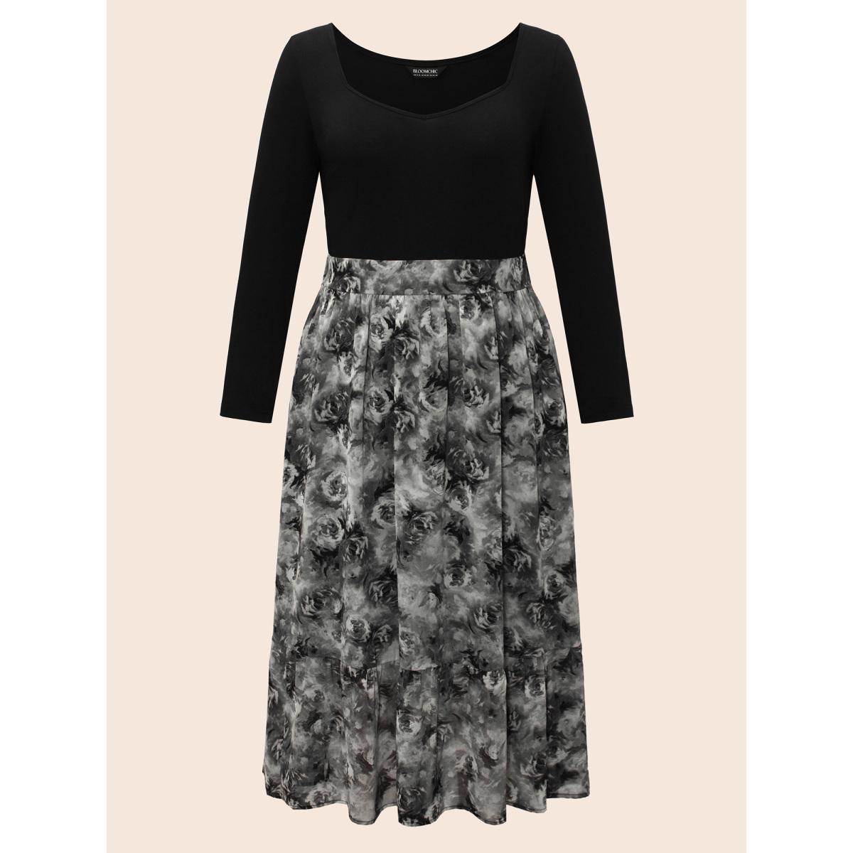 Plus Size Knitted Chiffon Blend Adjustable Waist Midi Dress Black Women Cocktail Patchwork Heart neckline Long Sleeve Curvy BloomChic 10/M Product Image