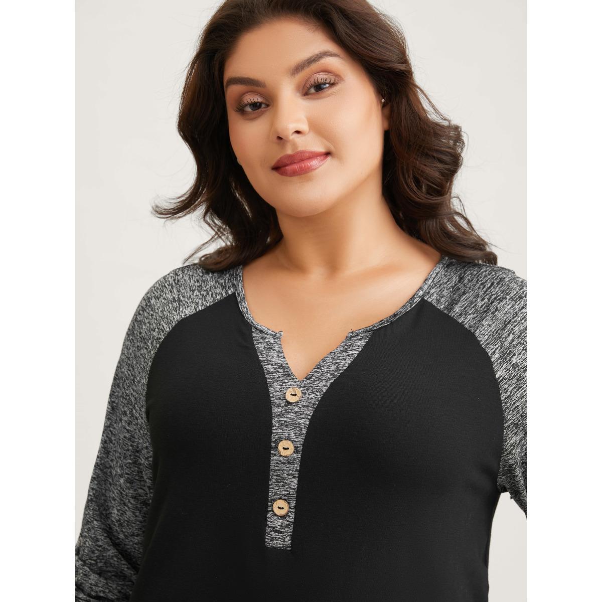 Plus Size Heather Patchwork Button Detail Stretchy T-Shirt Black Women Casual Contrast Flat collar with V-notch Everyday T-shirts BloomChic 22-24/3X Product Image