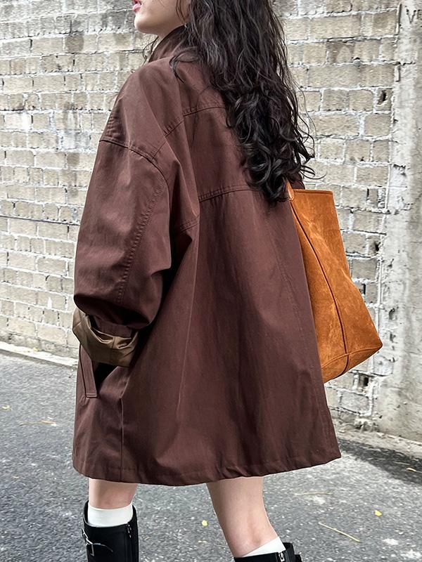 Long Sleeves Loose Pockets Solid Color Stand Collar Outerwear Trench Coats Product Image