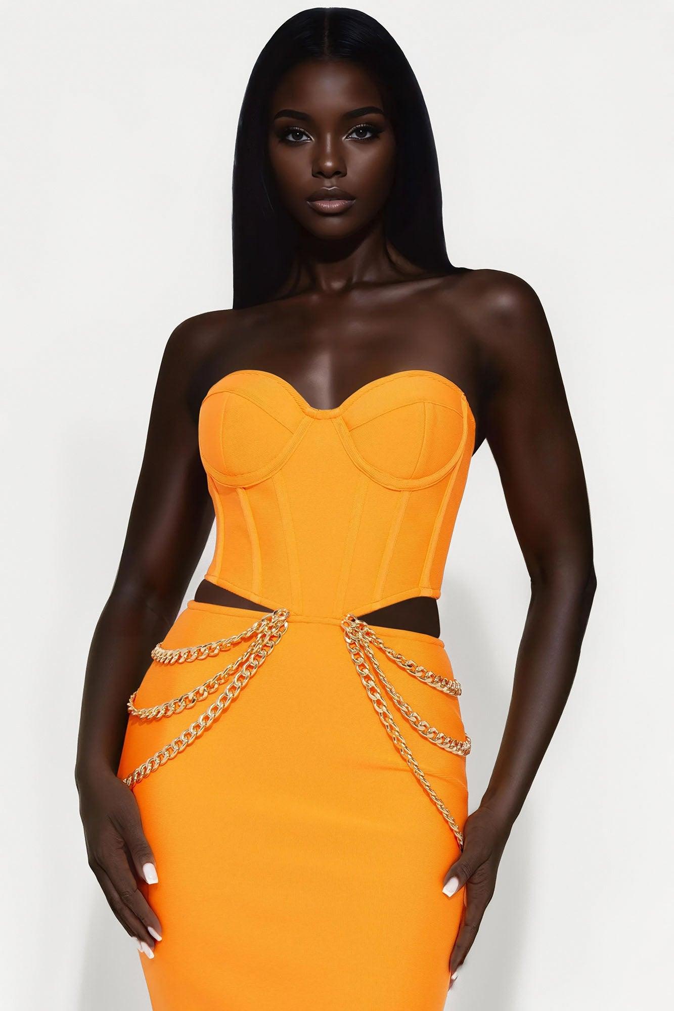 Taking Sides Chain Bandage Midi Dress - Orange Female Product Image