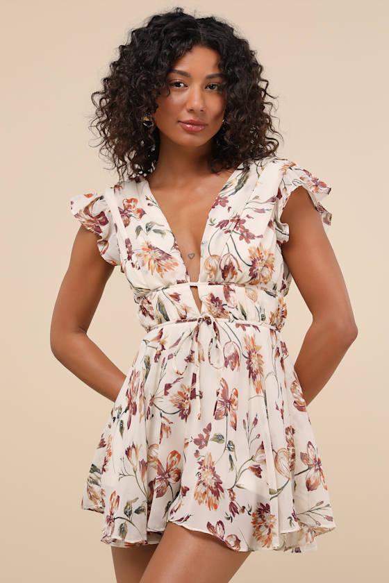Flirty Ways Cream Floral Print Flutter Sleeve Romper Product Image