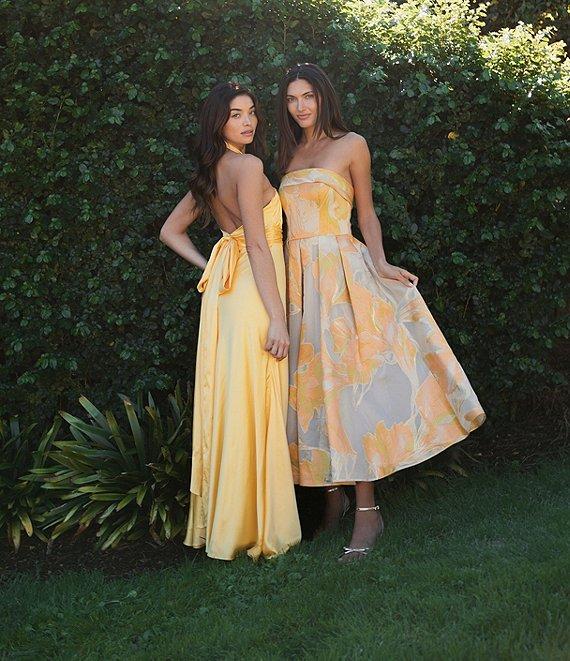 Mac Duggal Brocade Floral Print Strapless Neck Sleeveless A-Line Midi Dress Product Image