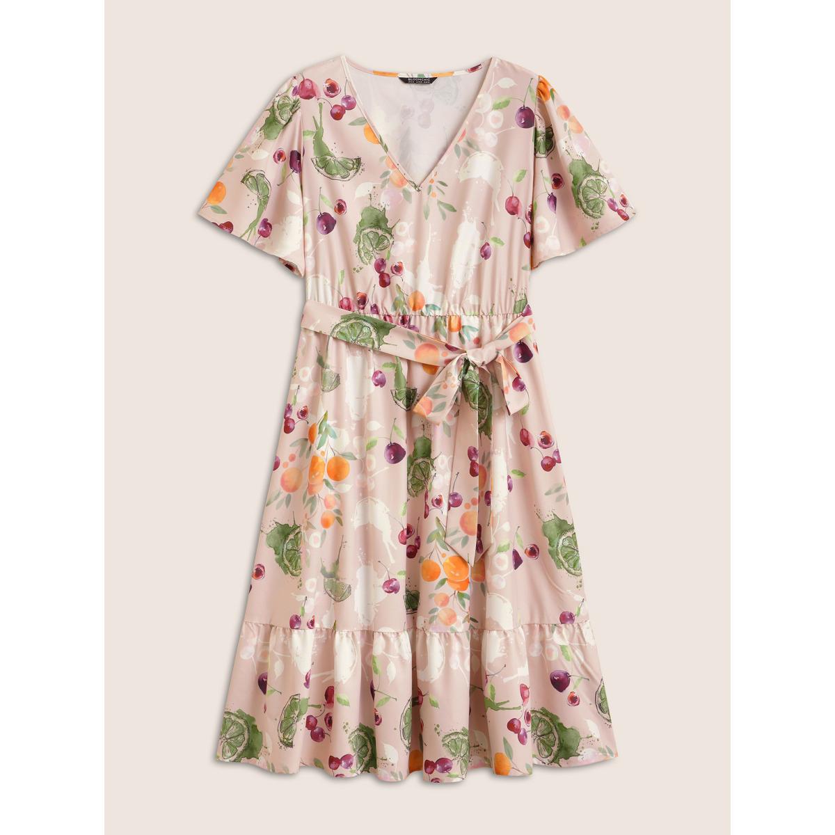 Plus Size Citrus Fruits Print Elastic Waist Belted Pocket Dress Apricot Women Elegant Non V-neck Short sleeve Curvy Midi Dress BloomChic 28/5X Product Image
