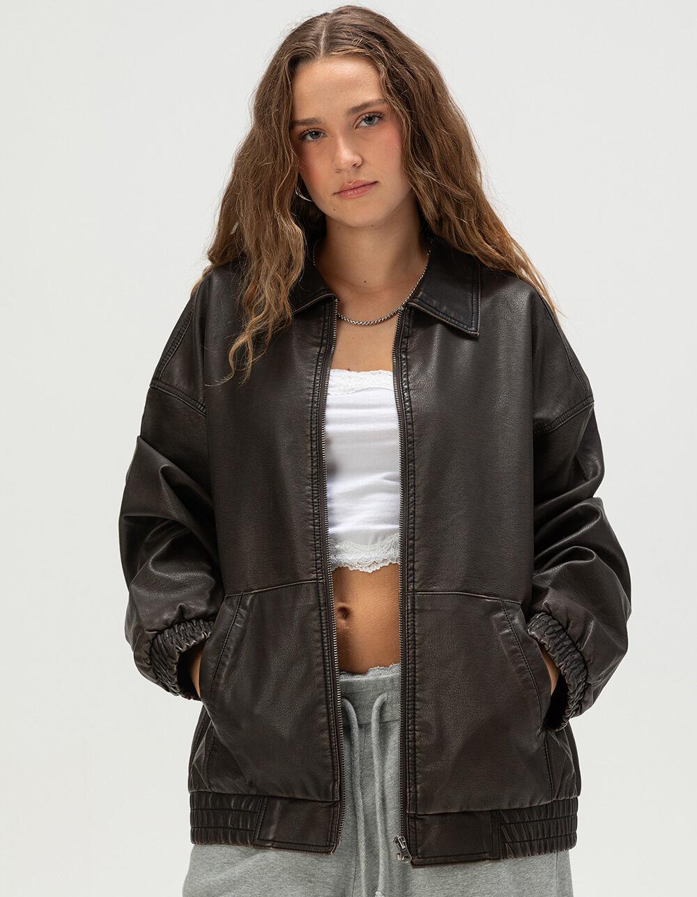 RSQ Womens Oversized Faux Leather Bomber Jacket - BROWN Product Image