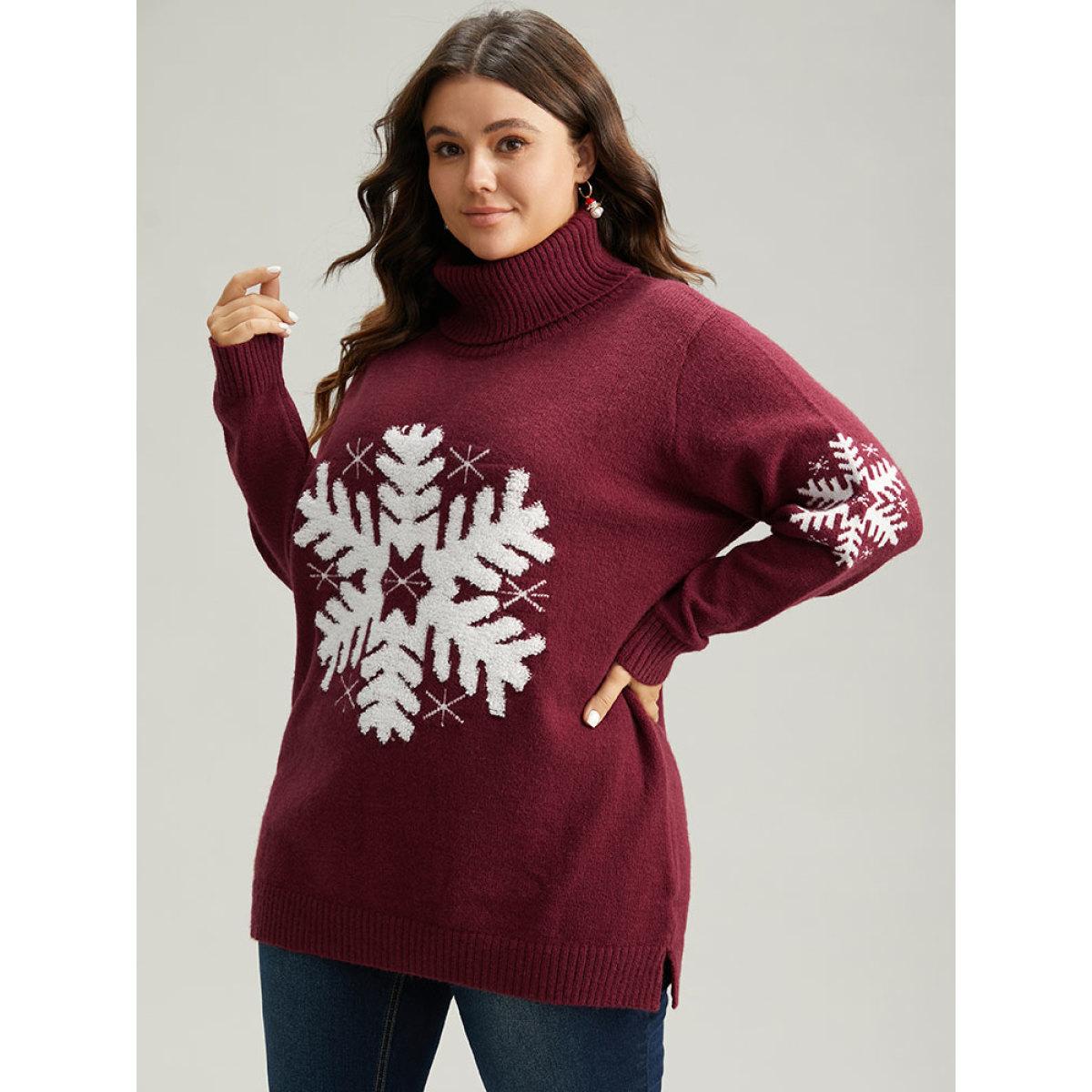 Plus Size Snowflake Turtle Neck Fuzzy Pullover Scarlet Women Casual Loose Long Sleeve Turtleneck Festival-Christmas Pullovers BloomChic 10/M Product Image