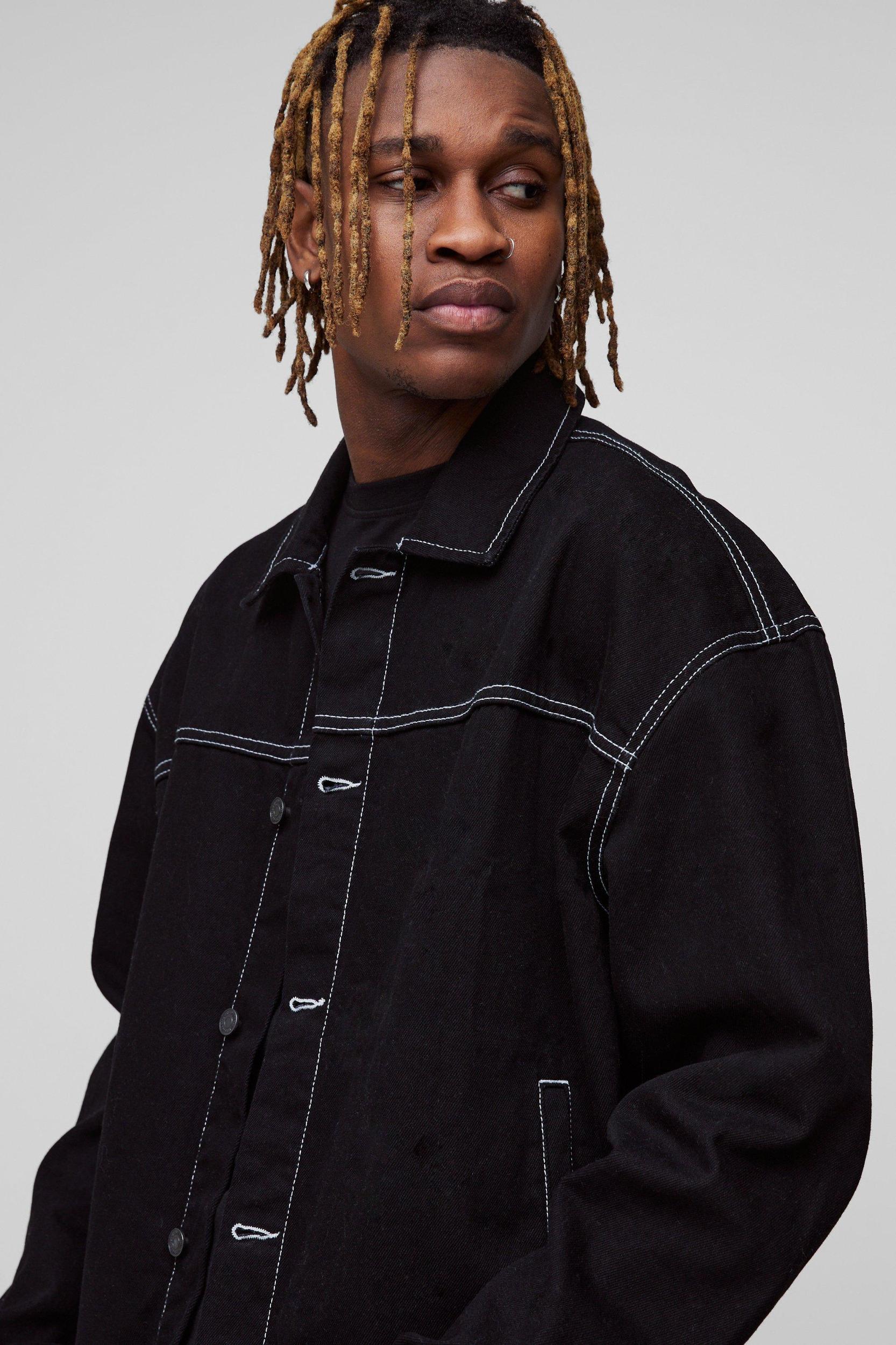 Tall Boxy Oversized Contrast Stitch Jean Jacket | boohooMAN USA Product Image