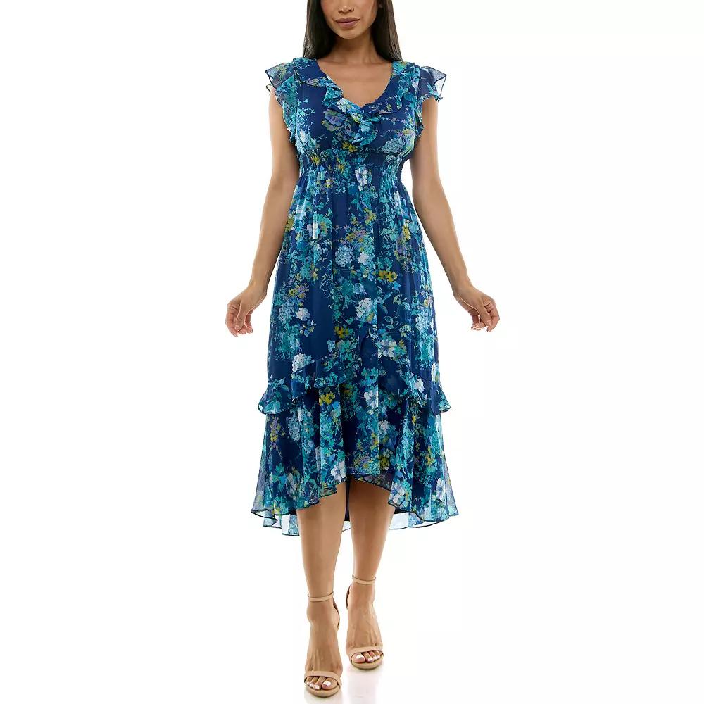 Women's Maison Tara Smocked Waist Ruffle Trim Midi Dress, Size: 8, Blue Team Product Image