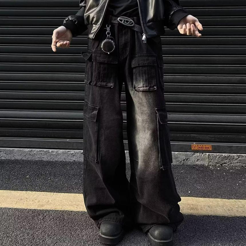 High Waist Washed Pocket Detail Wide Leg Jeans Product Image