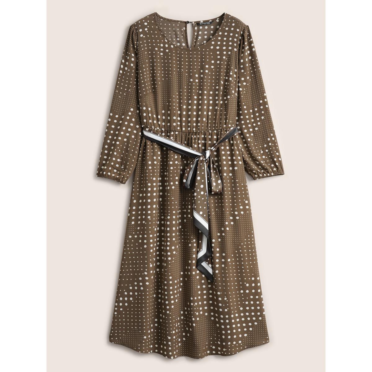 Plus Size Polka Dot Scarf Belted Keyhole Lantern Sleeve Dress DarkBrown Women At the Office Non Round Neck Long Sleeve Curvy Midi Dress BloomChic 28/5X Product Image
