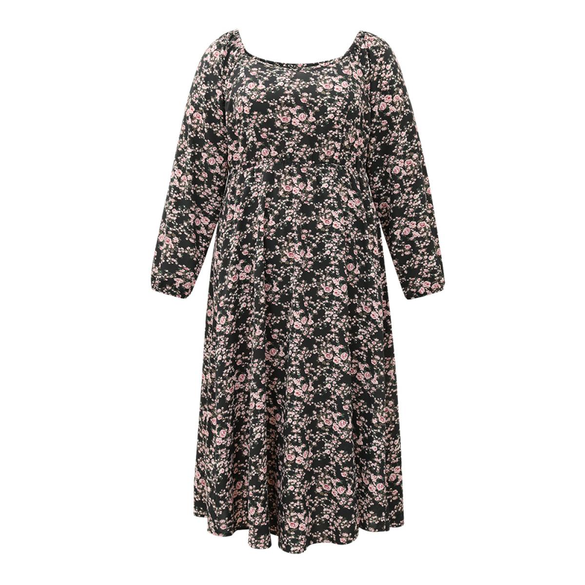 Plus Size Ditsy Floral Pocket Plicated Detail Split Side Dress Black Women Elegant Elastic cuffs Square Neck Long Sleeve Curvy Midi Dress BloomChic 22-24/3X Product Image