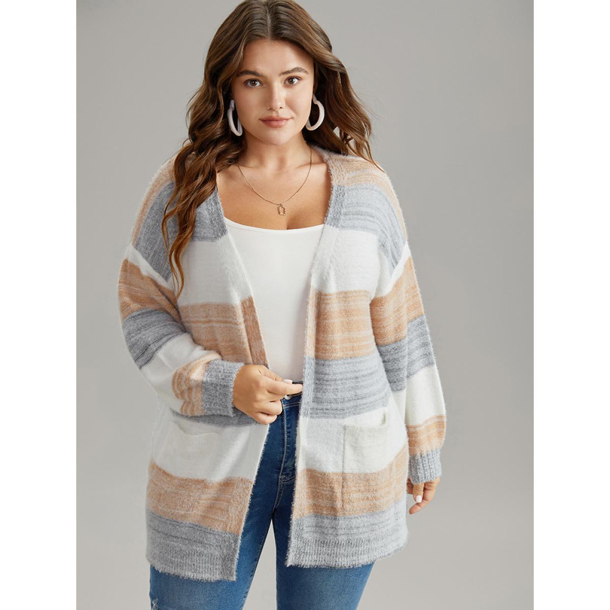 Plus Size Fuzzy Colorblock Heather Drop Shoulder Cardigan Multicolor Women Casual Loose Long Sleeve Dailywear Cardigans BloomChic 10/M Product Image