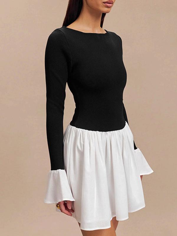 A-Line Flared Sleeves Contrast Color Pleated Split-Joint Round-Neck Mini Dresses Product Image