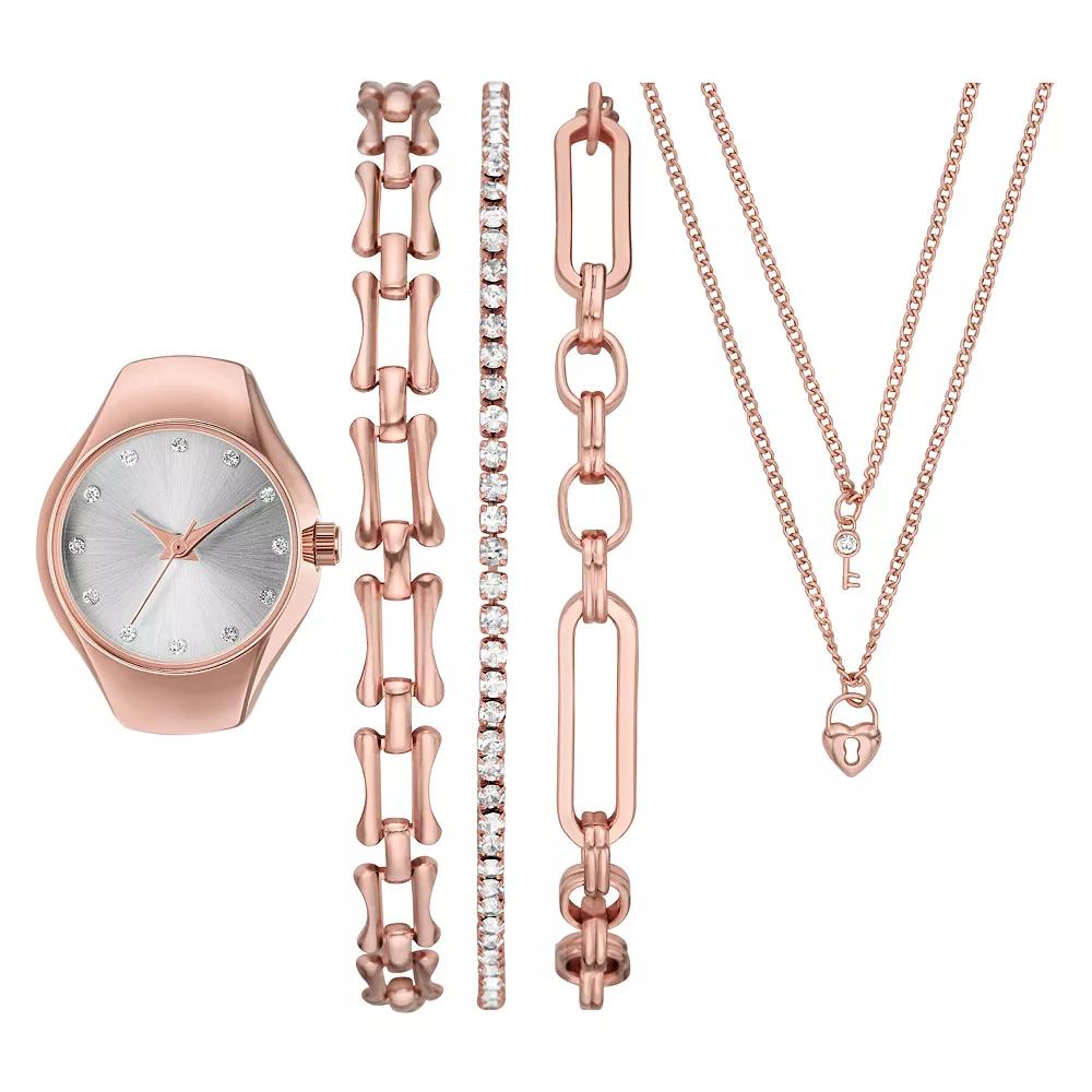 Folio Women's Rose Gold Stackable Ring Watch Set, Pink Product Image