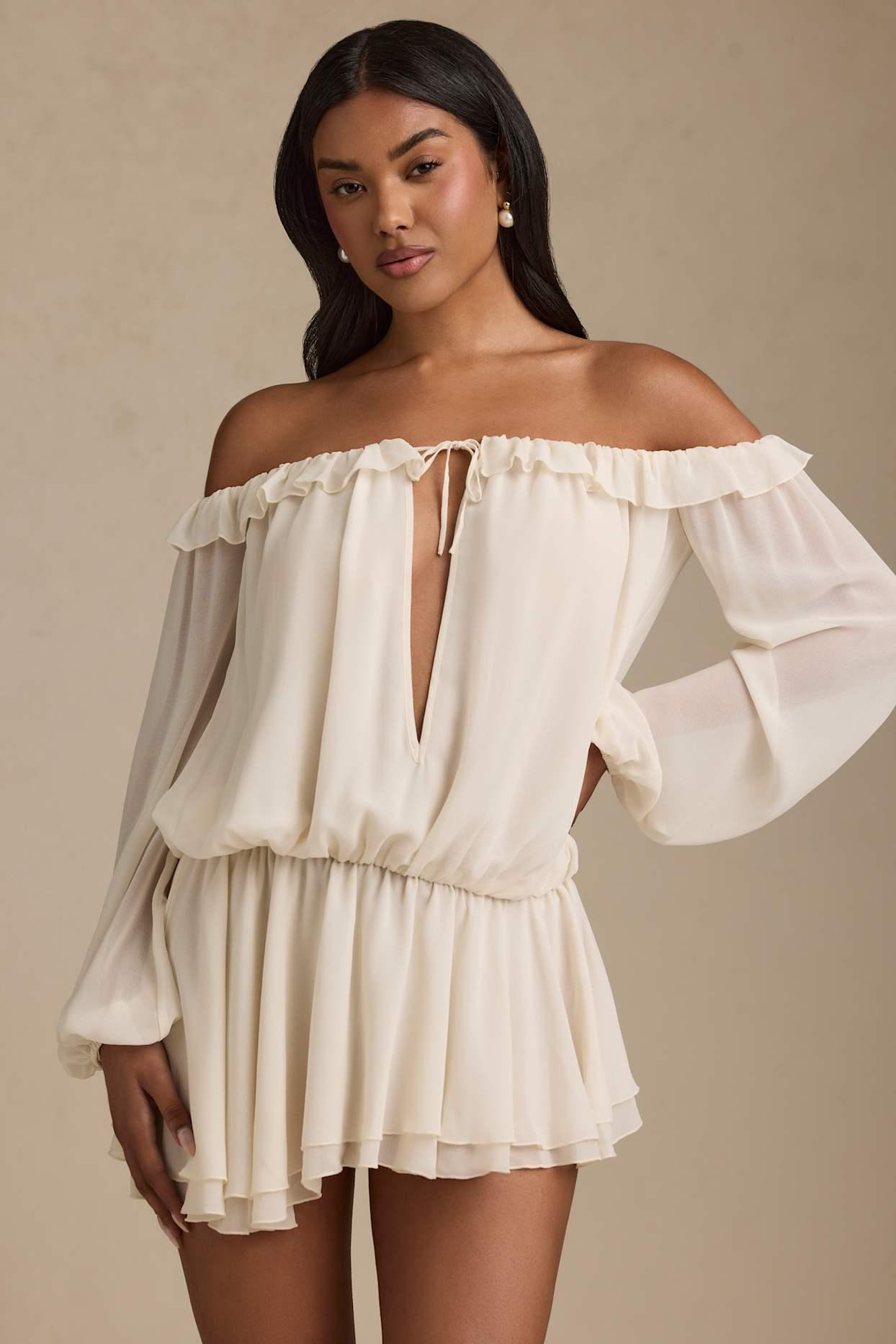 Off-Shoulder Asymmetric Balloon-Sleeve Mini Dress in Ivory Product Image