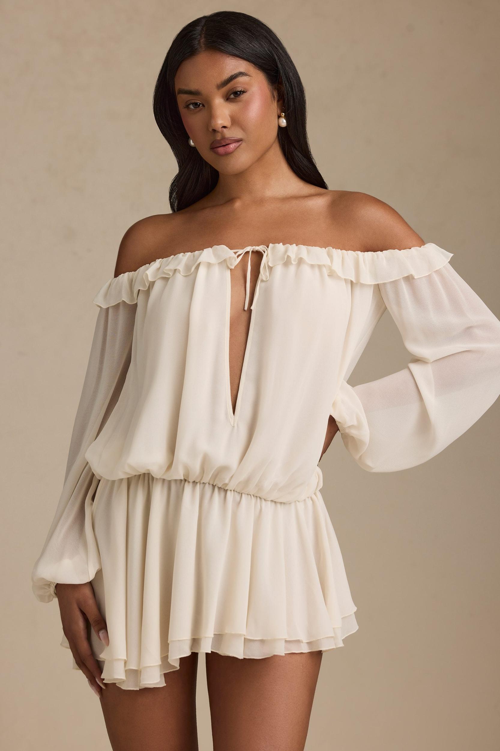 Off-Shoulder Asymmetric Balloon-Sleeve Mini Dress in Ivory Product Image