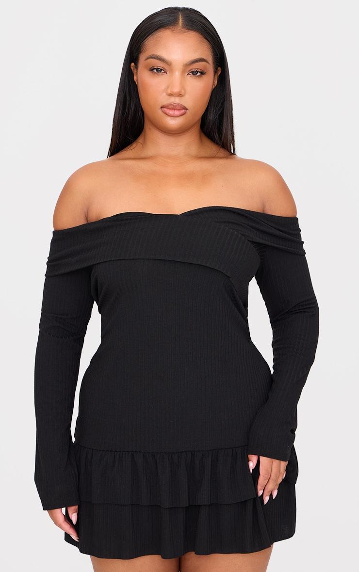 Plus Black Ribbed Bardot Cross Over Bust Detail Shift Dress Product Image