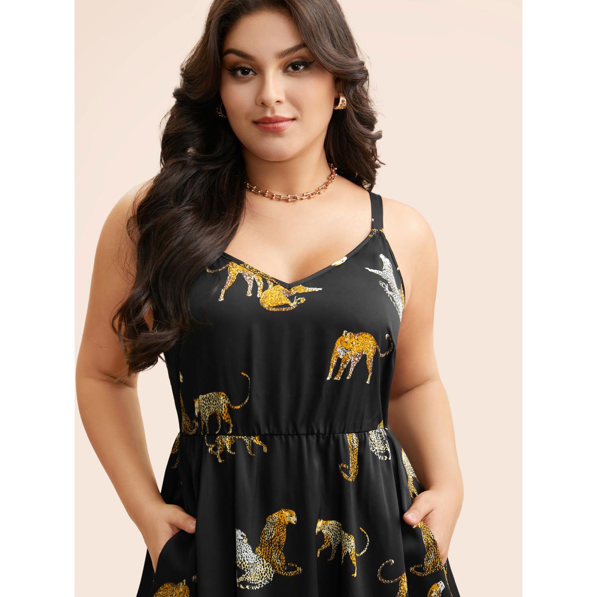 Plus Size Animal Print Elastic Waist Cami Dress Black Women Elegant Non V-neck Sleeveless Curvy BloomChic 30/6X Product Image