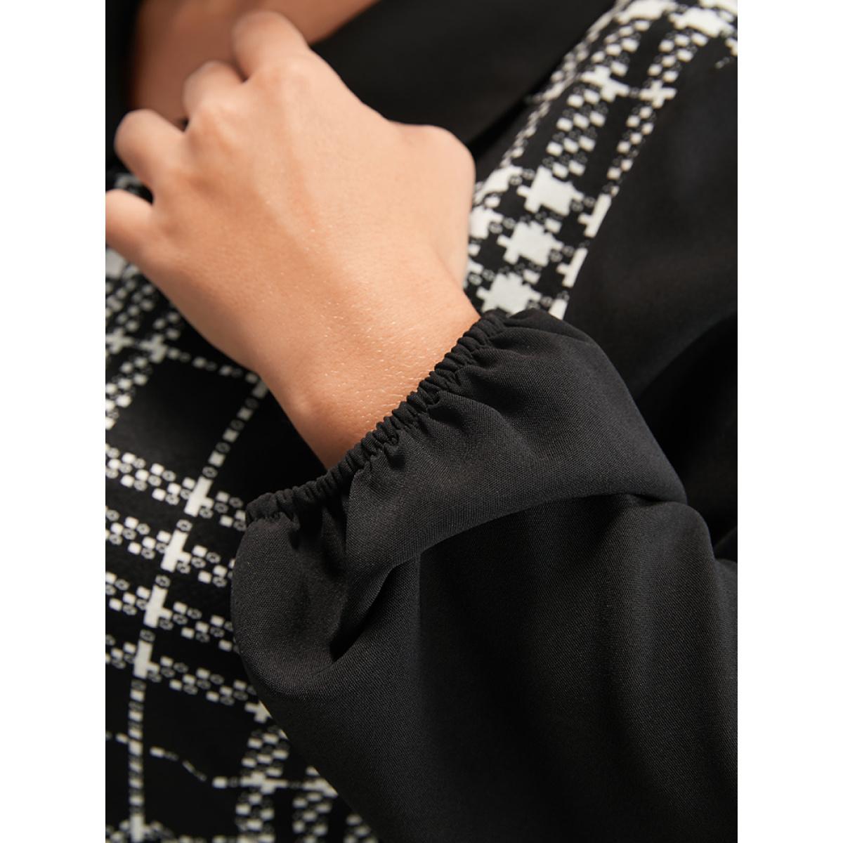 Plus Size Black Plaid Patchwork Lantern Sleeve Ruffle Hem Blouse Women Office Long Sleeve Lapel Collar Work Blouses BloomChic 14-16/1X Product Image