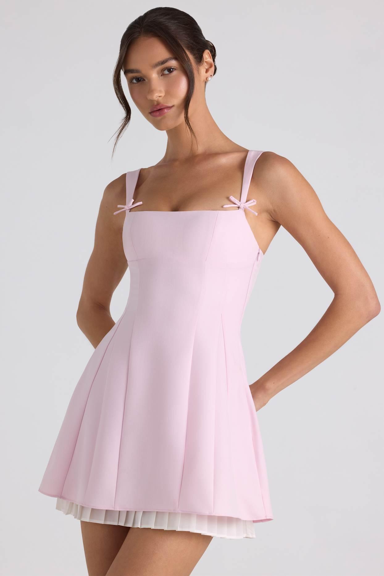 Bow-Detail Pleated A-Line Mini Dress in Soft Pink Product Image