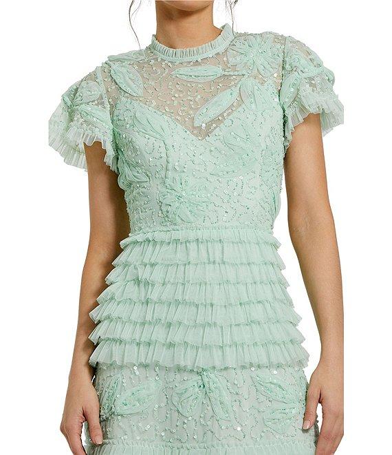 Mac Duggal Beaded Mesh High Neck Micro Ruffle Floral Overlay Column Gown Product Image