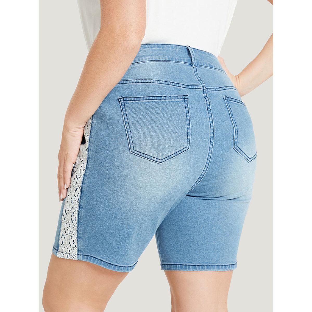 Plus Size Very Stretchy High Rise Light Wash Contrast Lace Denim Shorts Women LightBlue High stretch Dailywear Casual Denim Shorts BloomChic 12/L Product Image