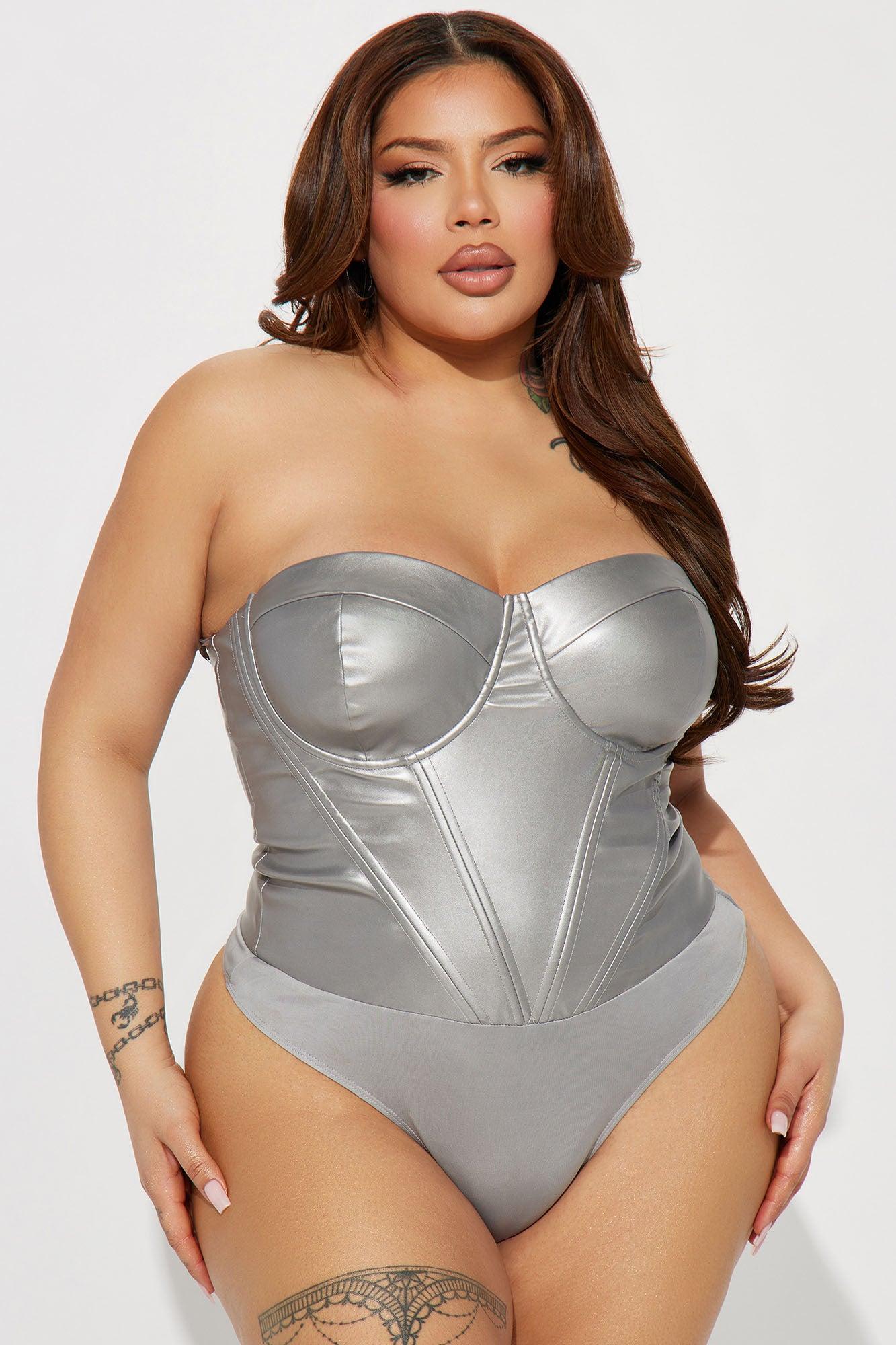 Valentina Metallic PU Corset Bodysuit - Silver Product Image