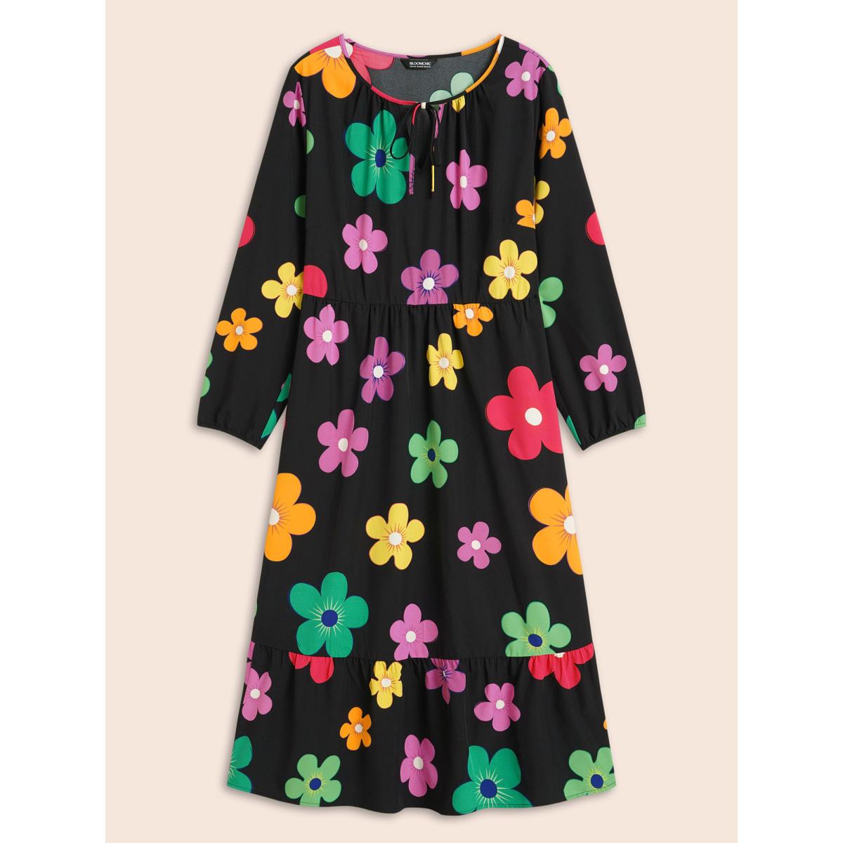 Plus Size Colored Floral Tie Knot Midi Dress Black Women Casual Tie knot Round Neck Long Sleeve Curvy BloomChic 12/L Product Image