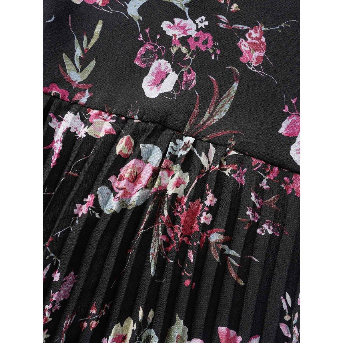 Plus Size Black Chiffon Floral Pleated Pocket Blouse Women Elegant Long Sleeve Flat collar with V-notch Everyday Blouses BloomChic 12/L Product Image