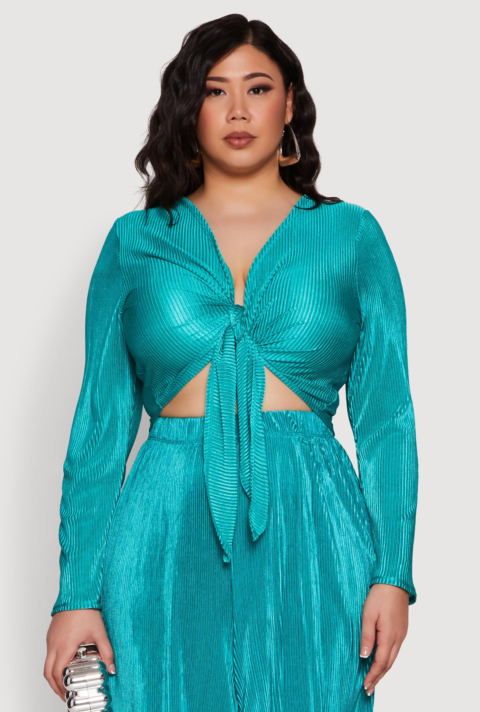 Womens Plus Size Plisse Tie Front Crop Top Product Image