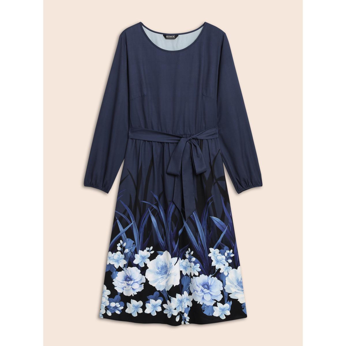 Plus Size Boho Print Belted Lantern Sleeve Dress DarkBlue Women Casual Belted Round Neck Long Sleeve Curvy BloomChic 26/4X Product Image