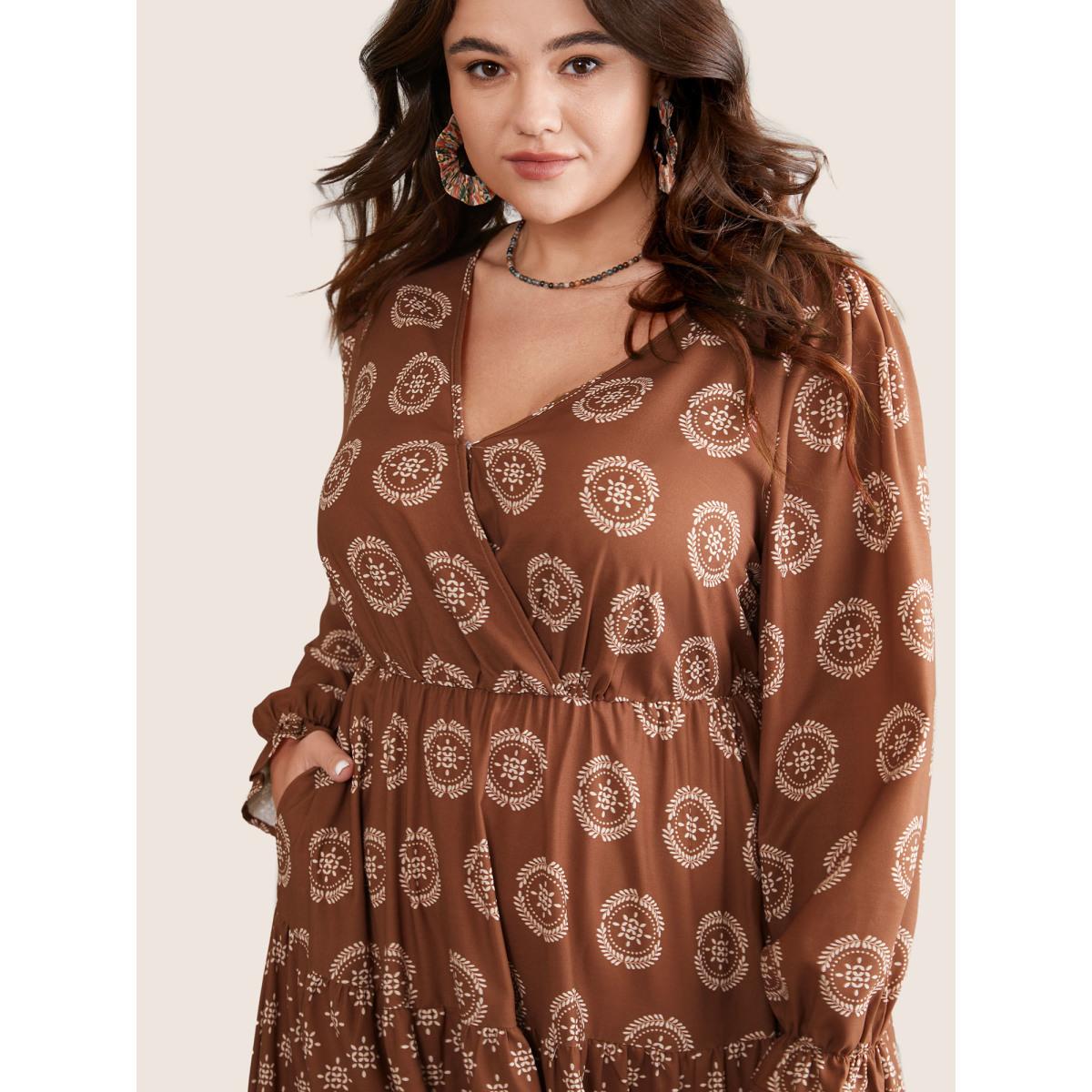 Plus Size Geometric Wrap Ruffle Layered Hem Dress Chocolate Women Vacation Wrap Overlap Collar Long Sleeve Curvy Midi Dress BloomChic 18-20/2X Product Image