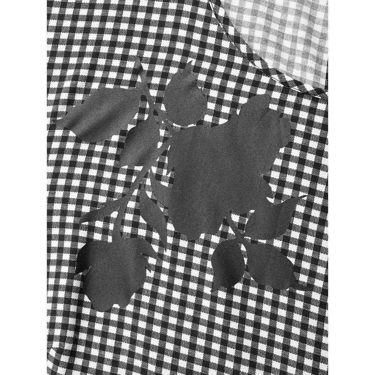 Plus Size Gingham Silhouette Floral Print Midi Dress Black Women Elegant Non Round Neck Long Sleeve Curvy BloomChic 12/L Product Image