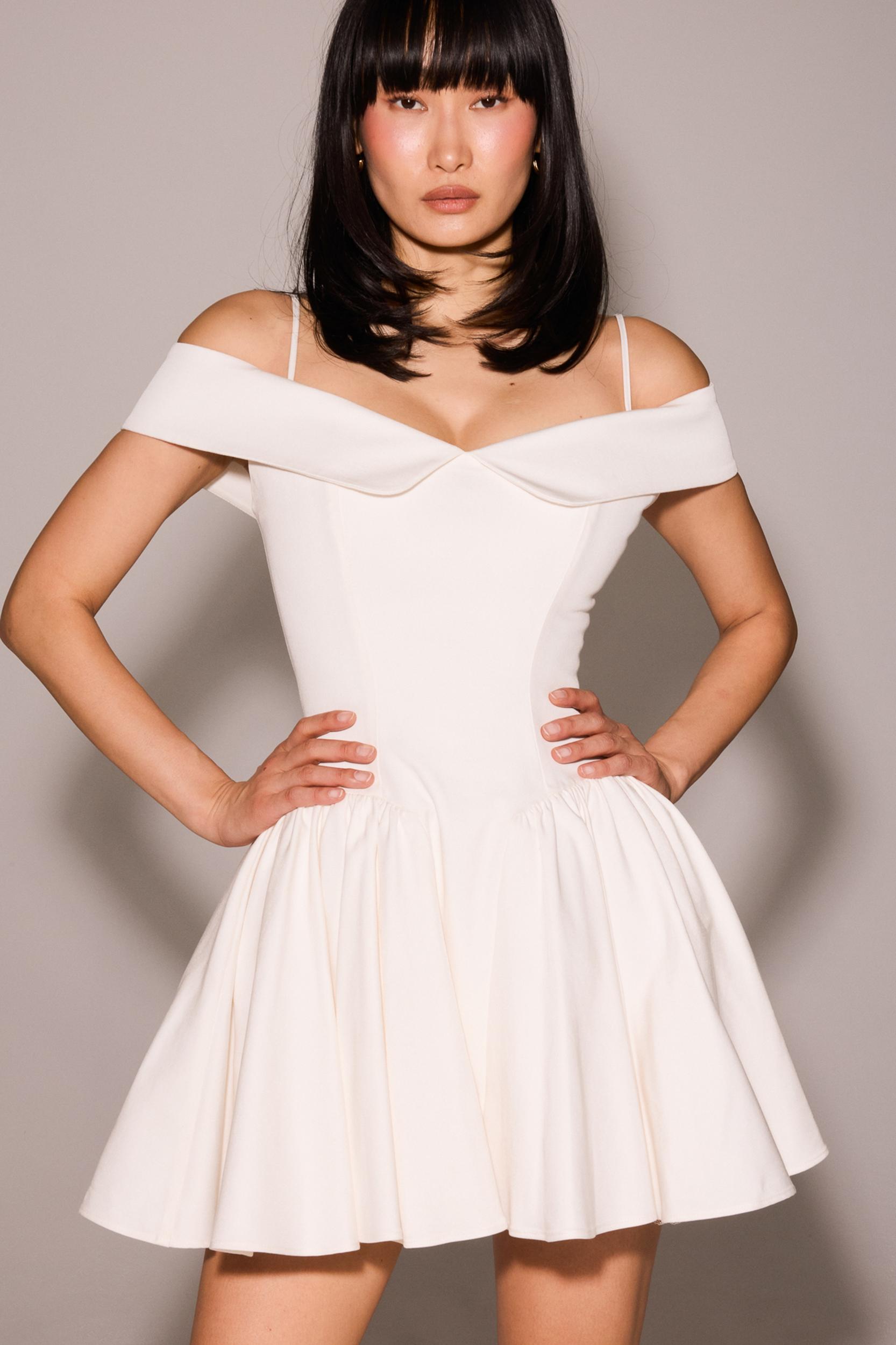 Elida  white twill off shoulder mini dress Product Image