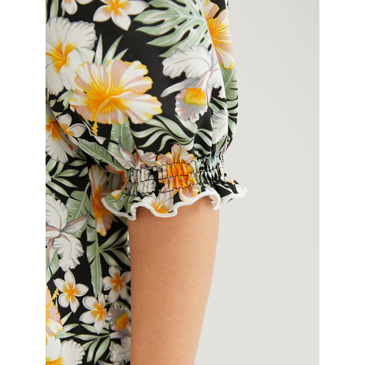 Plus Size BlackFlower Tropical Print Puff Sleeve Ruffles Trim Square Neck Blouse Women Vacation Elbow-length sleeve Square Neck Dailywear Blouses BloomChic 26/4X Product Image