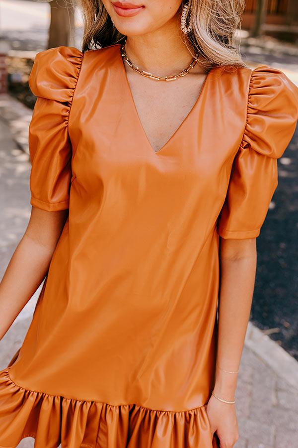 Stylish Setting Faux Leather Mini Dress in Camel Product Image