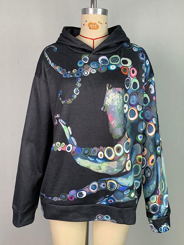 Long Sleeves Printed Hooded Hoodies Tops Product Image