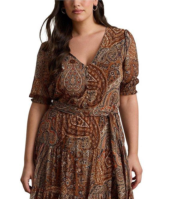 Lauren Ralph Lauren Plus Size Paisley Belted Georgette A-Line Maxi Dress Product Image