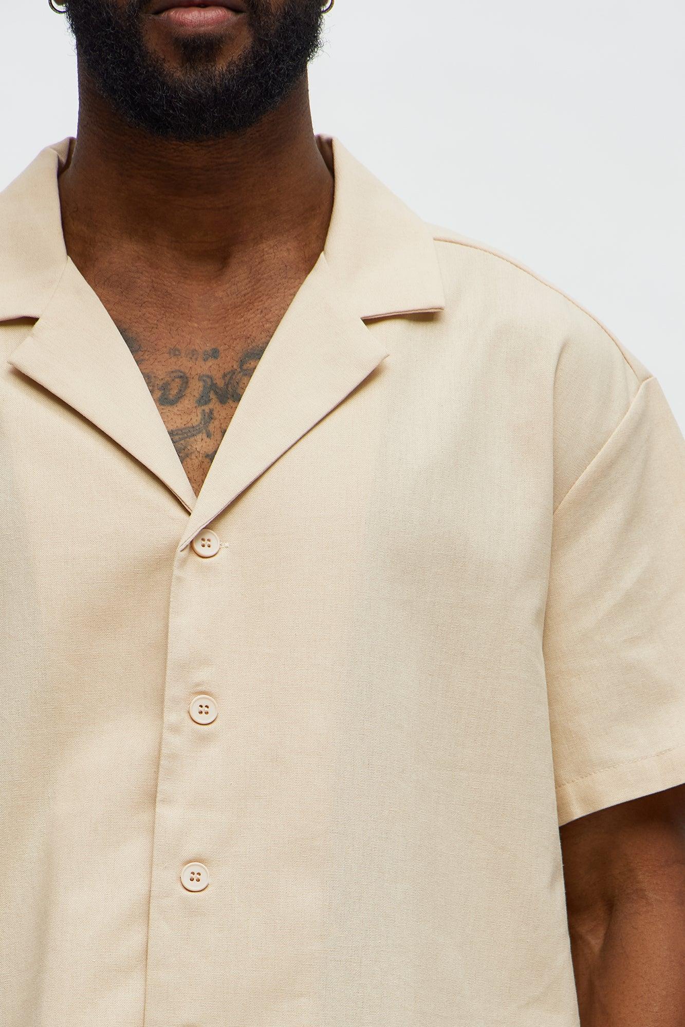 Chai Linen Like Cuban Collar Button Up Shirt - Oatmeal Product Image