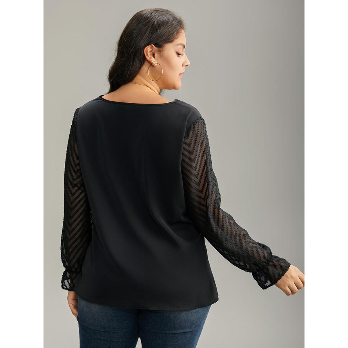 Plus Size Black Patchwork Mesh Texture Cowl Neck Blouse Women Office Long Sleeve Cowl Neck Work Blouses BloomChic 12/L Product Image