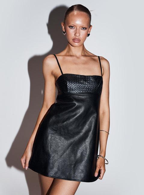 Isak Woven Faux Leather Mini Dress Black Product Image