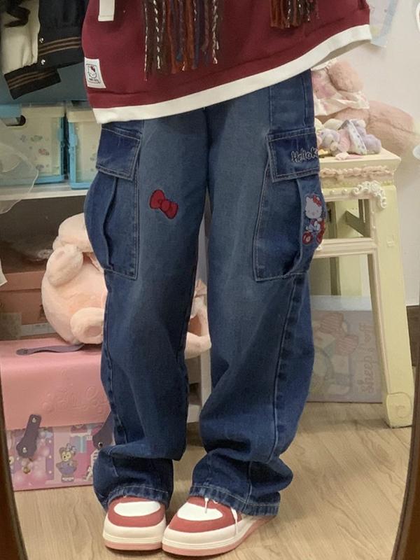 Cartoon Embroidery High Waist Loose Boyfriend Jeans Product Image